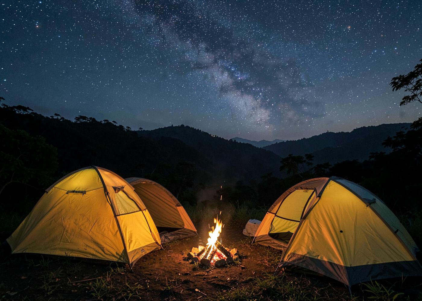 Tents and bonfire under a starry sky