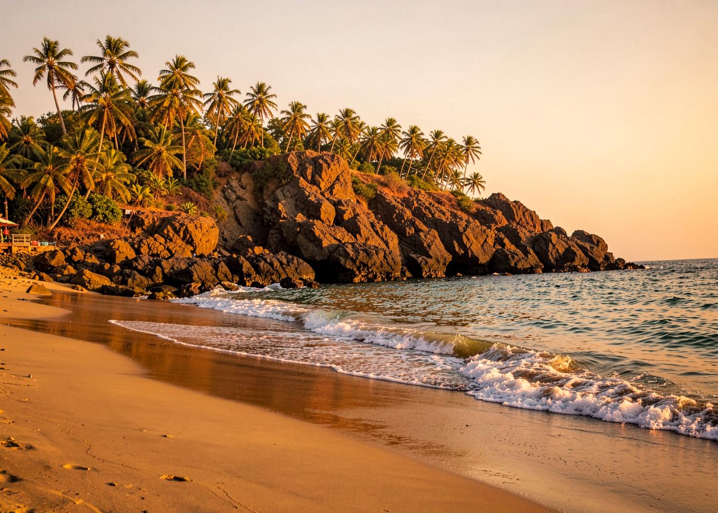 Rocky headland and palm trees on Gokarna beach at golden hour