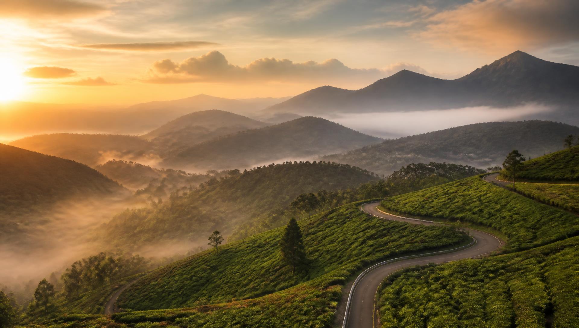Layered misty mountains of the Western Ghats at sunrise