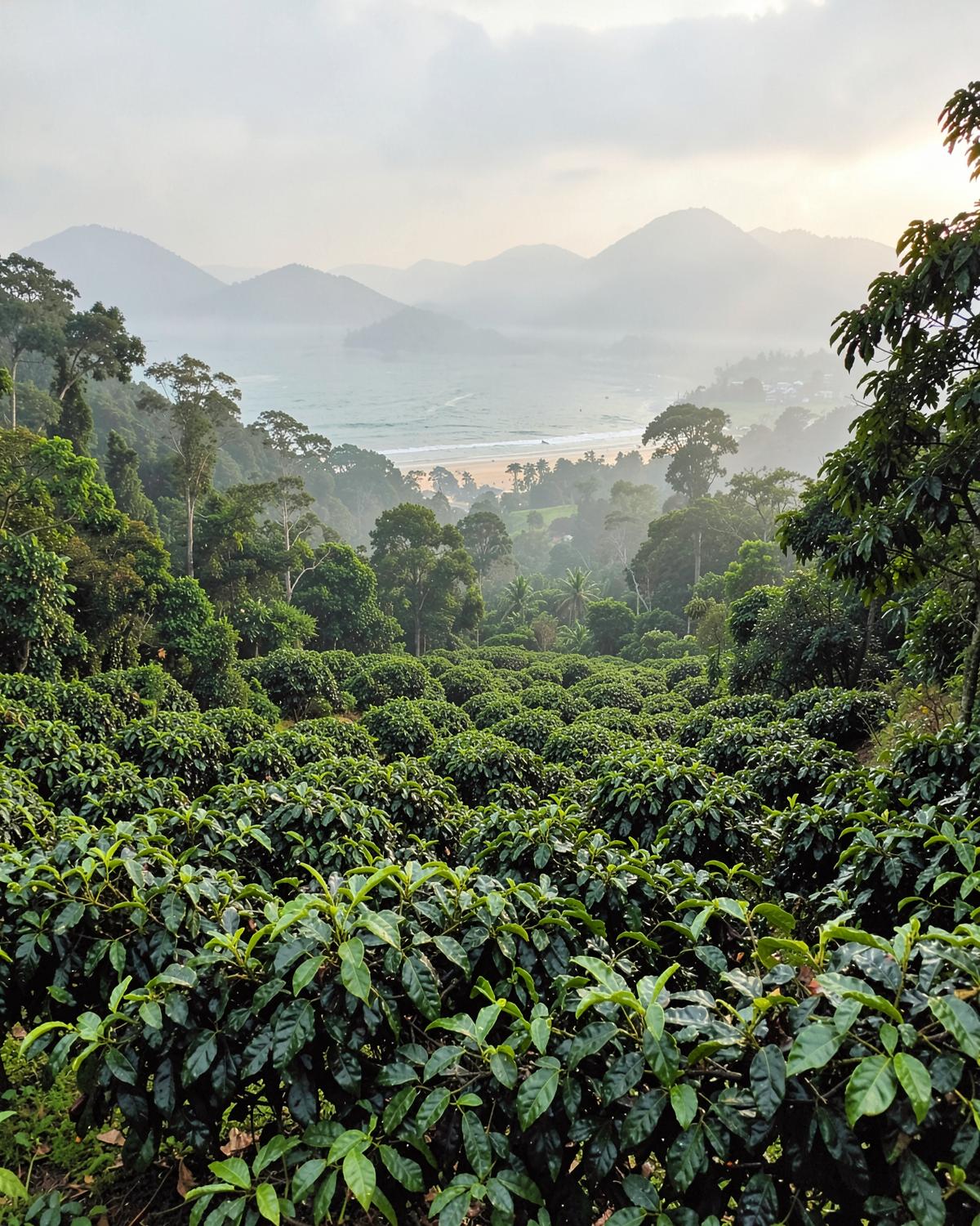Coffee plantation valley in Coorg, Karnataka, with hills and coastline beyond