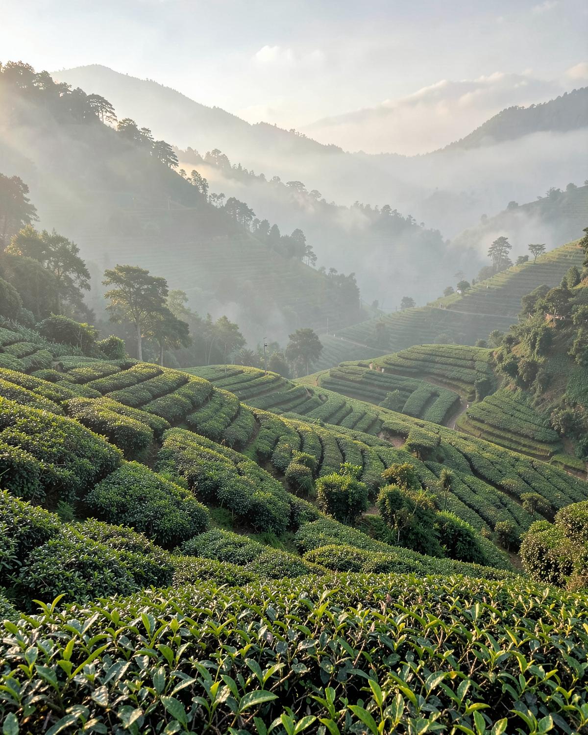 Misty tea plantation terraces in the hills of Munnar, Kerala