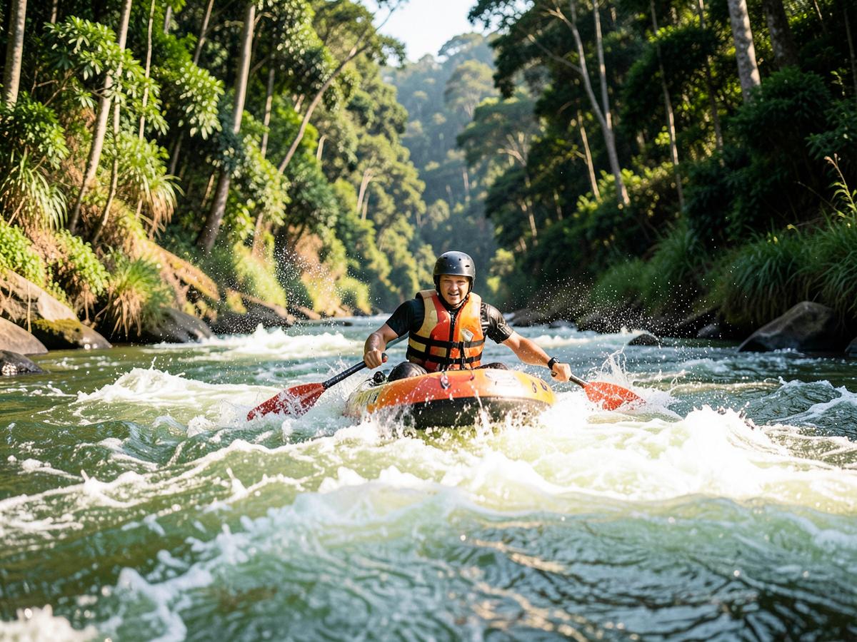 Rafting through rapids on a forest river in Dandeli