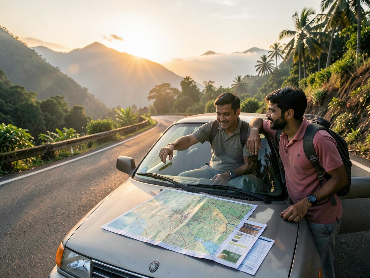 Traveller planning a route with a map on a hill road