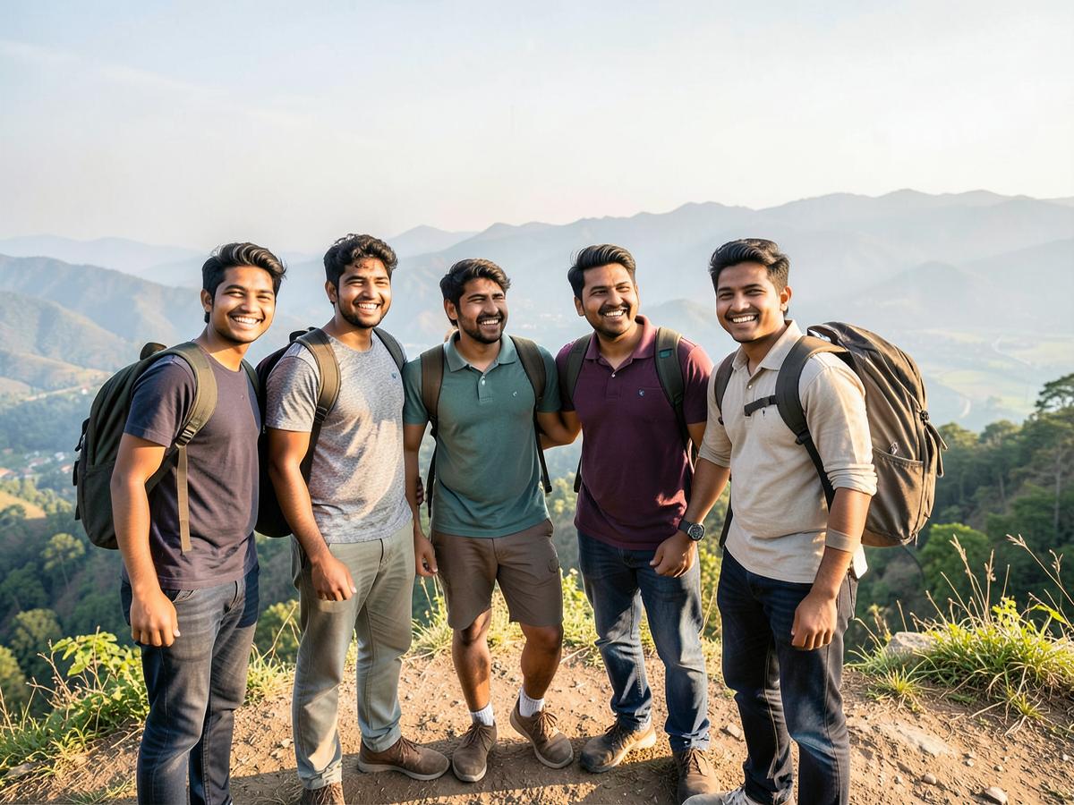 Large group of young travellers on a hill viewpoint
