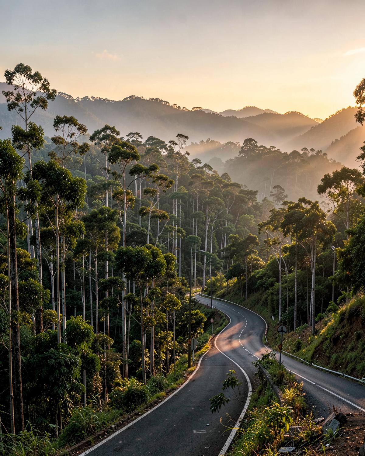 Winding mountain road through eucalyptus forest near Ooty, Tamil Nadu