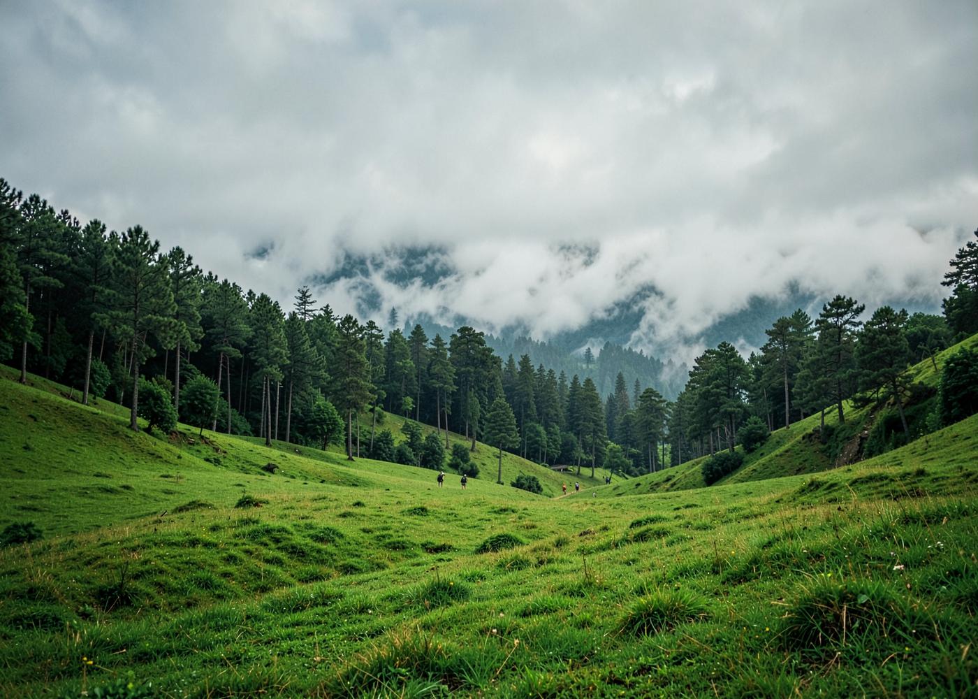 Green meadow hills and pine forest under low cloud in Vagamon